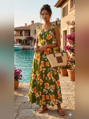 Made in Hawaii Tropical Floral Maxi Dress Olive Green Orange Hibiscus Cotton